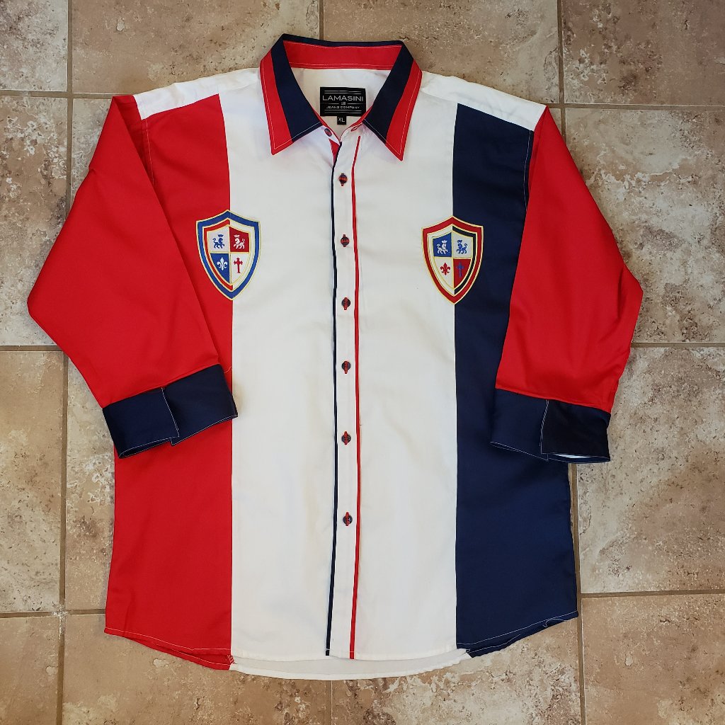Lamasani Xl Button-Down Western Shirt Blouse Crest Red White Blue 3/4 Sleeve